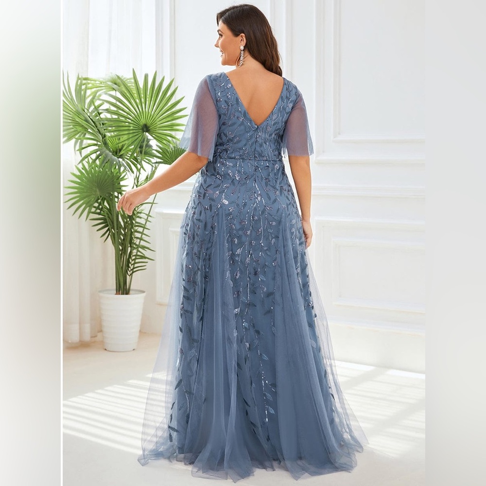 Shimmery V Neck Maxi Evening Dress by Ever Pretty - size 18. Dusty Blue color. - Picture 2 of 11